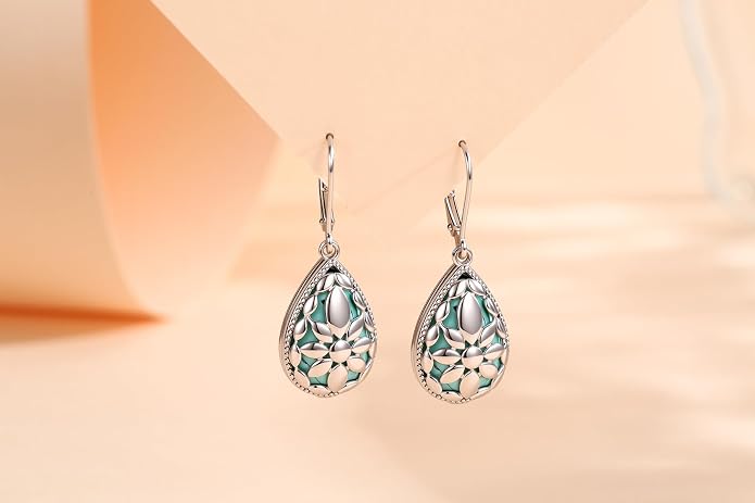 BDL Genuine Turquoise Jewelry for Women, Sterling Silver Earrings and Necklaces for Women, Leverback Dangle Drop Earrings Jewelry