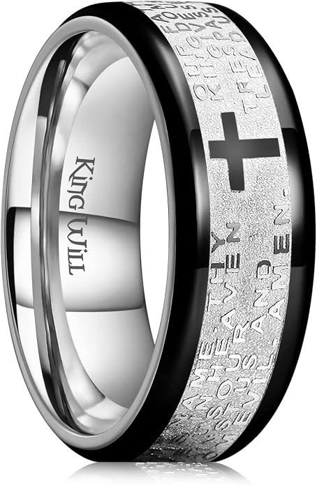 King Will Stainless Steel Men Ring Lord's Prayer Cross Ring Stainless Steel Men Wedding Ring, Wedding Band Bible Engraved Rings High Polished, Comfort Fit