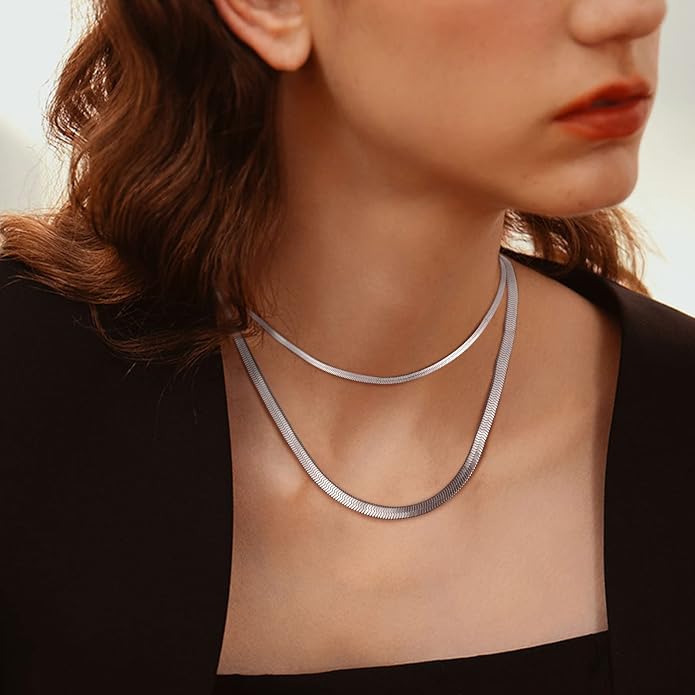FOCALOOK 14K Gold Plated Necklaces for Women, Fashion Herringbone Choker Necklace Stainless Steel Flat Snake Chain 3/5MM(W) 12.5"/15"/18"+3.5"(L)