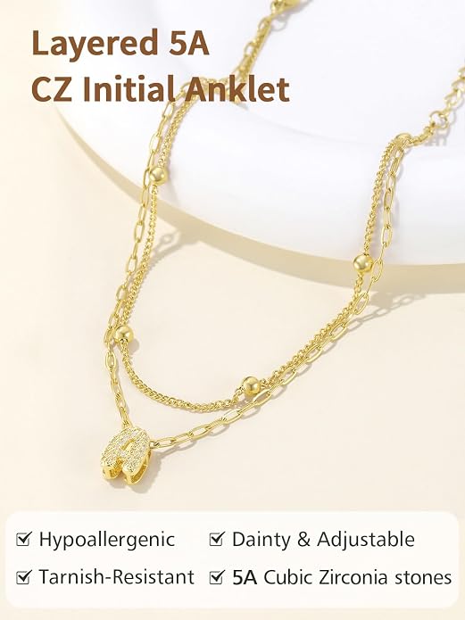 FindChic Silver/14K Gold Plated Layered CZ Initial Ankle Bracelet for Women | Waterproof Stainless Steel, Cubic Zirconia Letter Charm, Non-Tarnish, Hypoallergenic, Adjustable Extender, Summer Jewelry