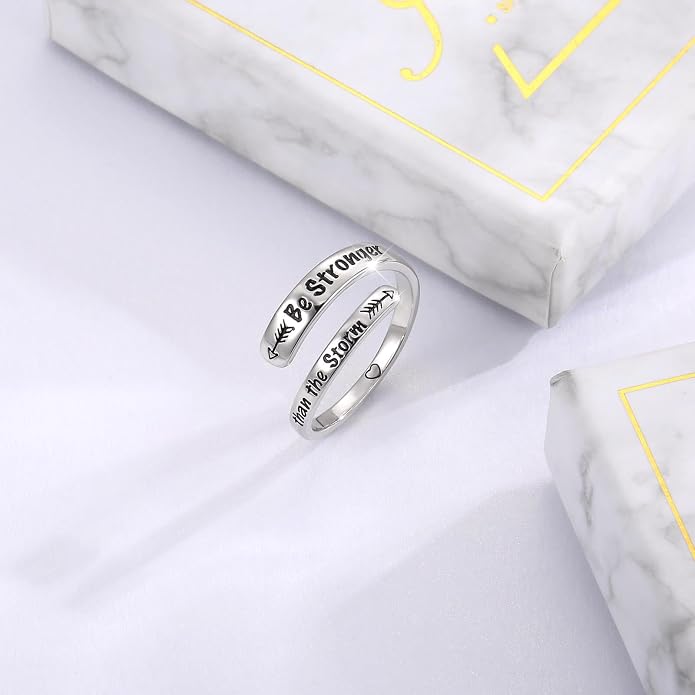 Sterling Silver Just Breathe Ring: Inspirational Encouragement Rings Adjustable Motivational Hope Jewelry Gift for Women