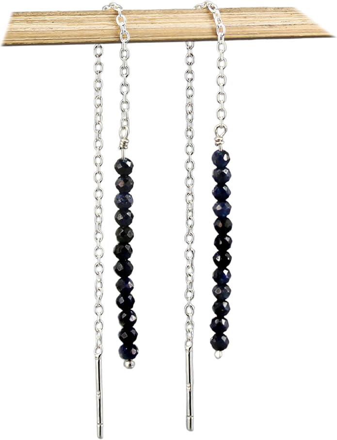 Sterling Silver Threader Earrings with Real Gemstone Beads - Elegant Pull-Through Design for Women, Dangling Western Earrings, Long and Short Adjustable Earring