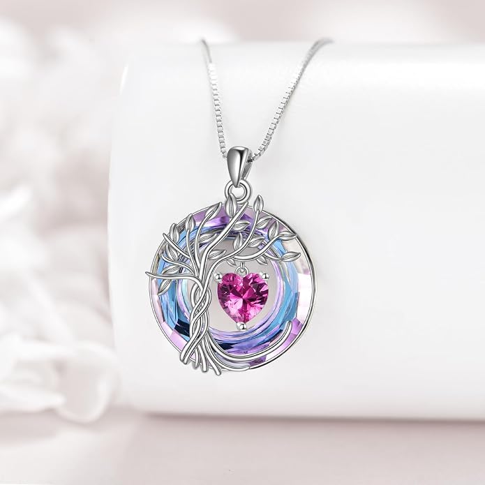 POPLYKE Mothers Day Gifts for Mom Her Wife Tree of Life Necklace 925 Sterling Silver Birthstone Pendant with Crystal Anniversary Birthday Wedding Jewelry for Women