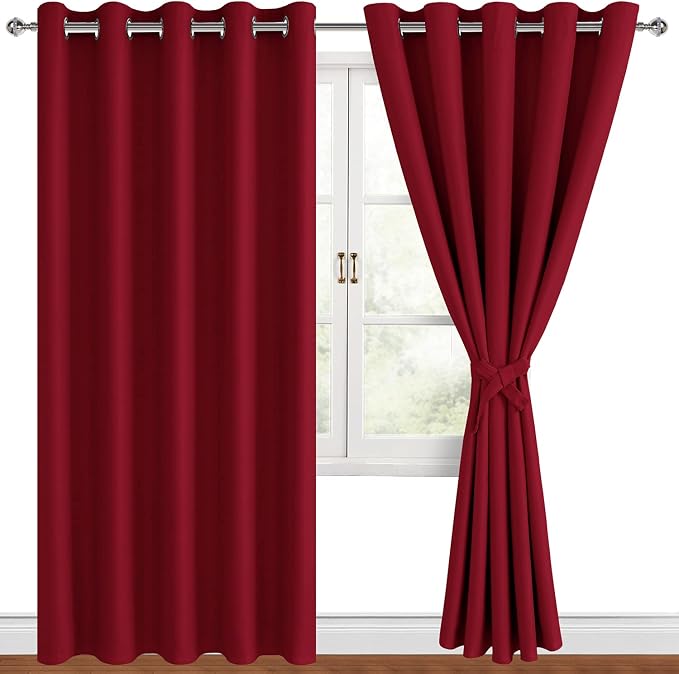 Hiasan Blackout Curtains for Bedroom, 60 x 84 Inches Long - Thermal Insulated & Light Blocking Window Curtains for Living Room, 2 Drape Panels Sewn with Tiebacks, Christmas Red