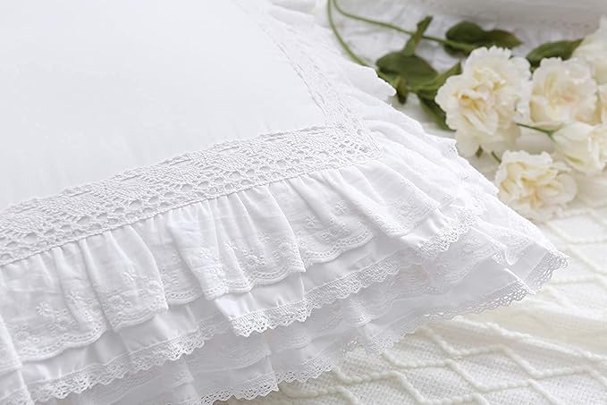 White Lace Euro Shams Throw Pillow Covers Cushion Cases with Ruffles Cotton 22"X22" Zipper Closure Luxury Elegant 2-Pack