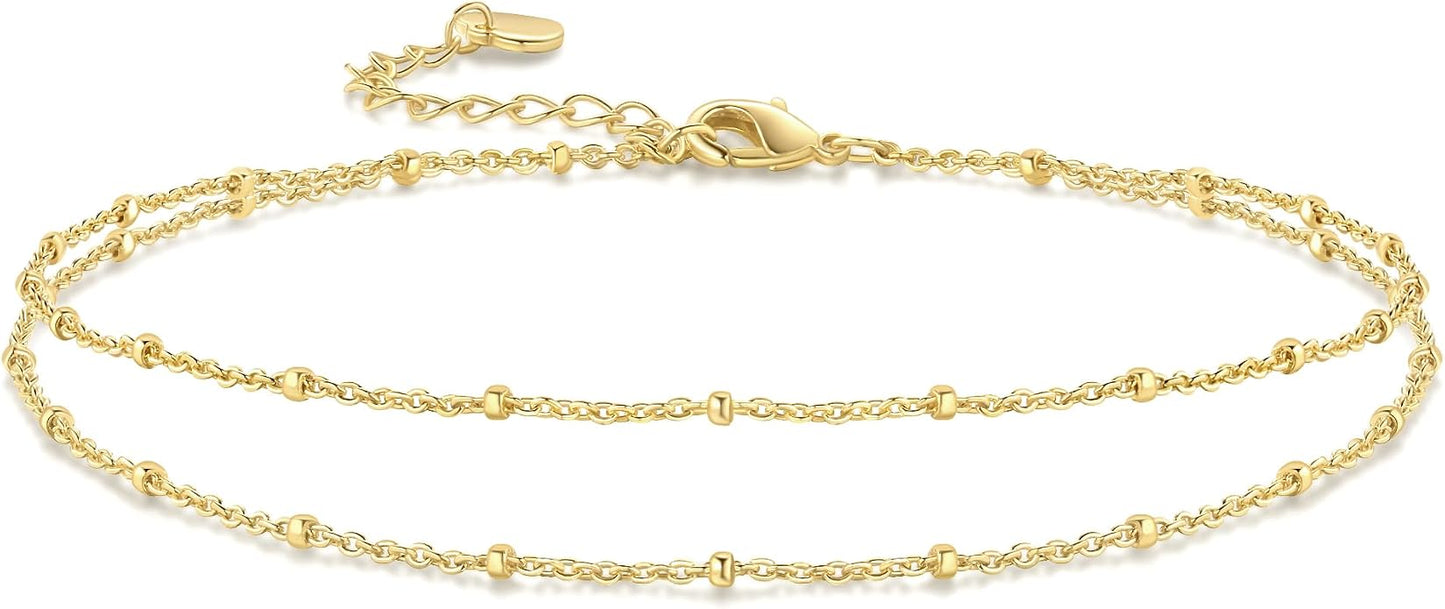 14K Gold Anklets for Women 14K Gold Ankle Bracelets for Women Gold Anklet Bracelets for Womens Layered Design for Natural Depth Layered Anklets for Womens 9.4in+1.6in