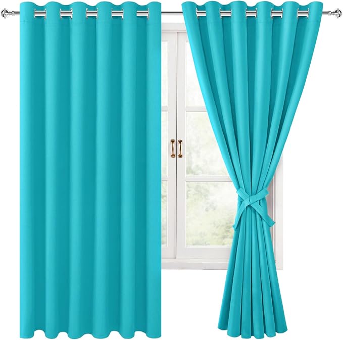 Hiasan Grommet Blackout Curtains for Bedroom, 70 x 63 Inches - Thermal Insulated & Light Blocking Window Drapes for Living Room/Dorm Room, Set of 2 Panels Sewn with Tiebacks, Turquoise