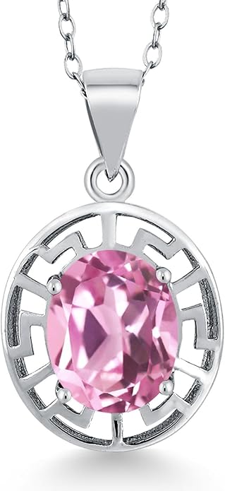 Gem Stone King 925 Sterling Silver 10X8MM Oval Gemstone Birthstone Necklace | Greek Key Pendant Necklace for Women | With 18 Inch Silver Chain