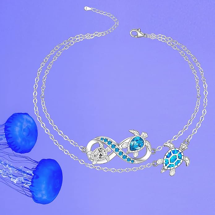 Fenthring Turtle Anklet S925 Sterling Silver Blue Opal Sea Turtle Ankle Bracelets for Women Infinity Wave Ocean Beach Summer Foot Bracelet Jewelry Layered Adjustable