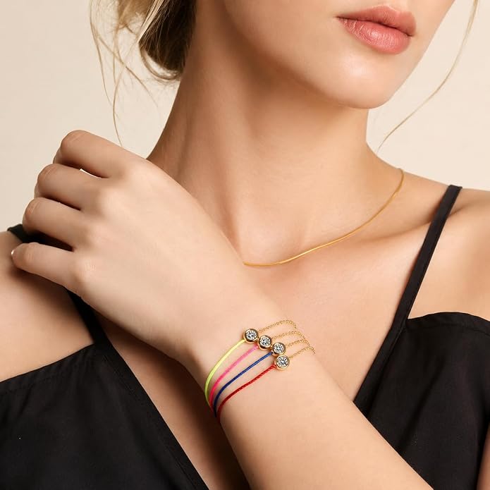 MISS mimi 18K Gold Plated Moissanite Bracelet for Women, 925 Sterling Silver Bezel Set Dainty Cord Jewelry, Adjustable Layering Friendship Gift