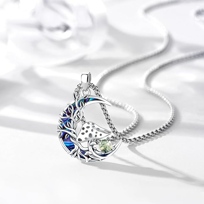 Sterling Silver Tree of Life Necklace for Women Oval Family Tree Necklace Abalone Shell Moonstone Pendant Mother Day Necklace for Mom Tree of Life Jewelry