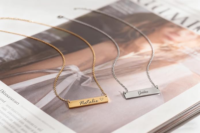 HUAN XUN Custom Bar Necklace Personalized Engraved Name Bar Necklace for Women Customized Stainless Steel Heart Pendant Bar Jewelry Gift for Her Mother Day Christmas