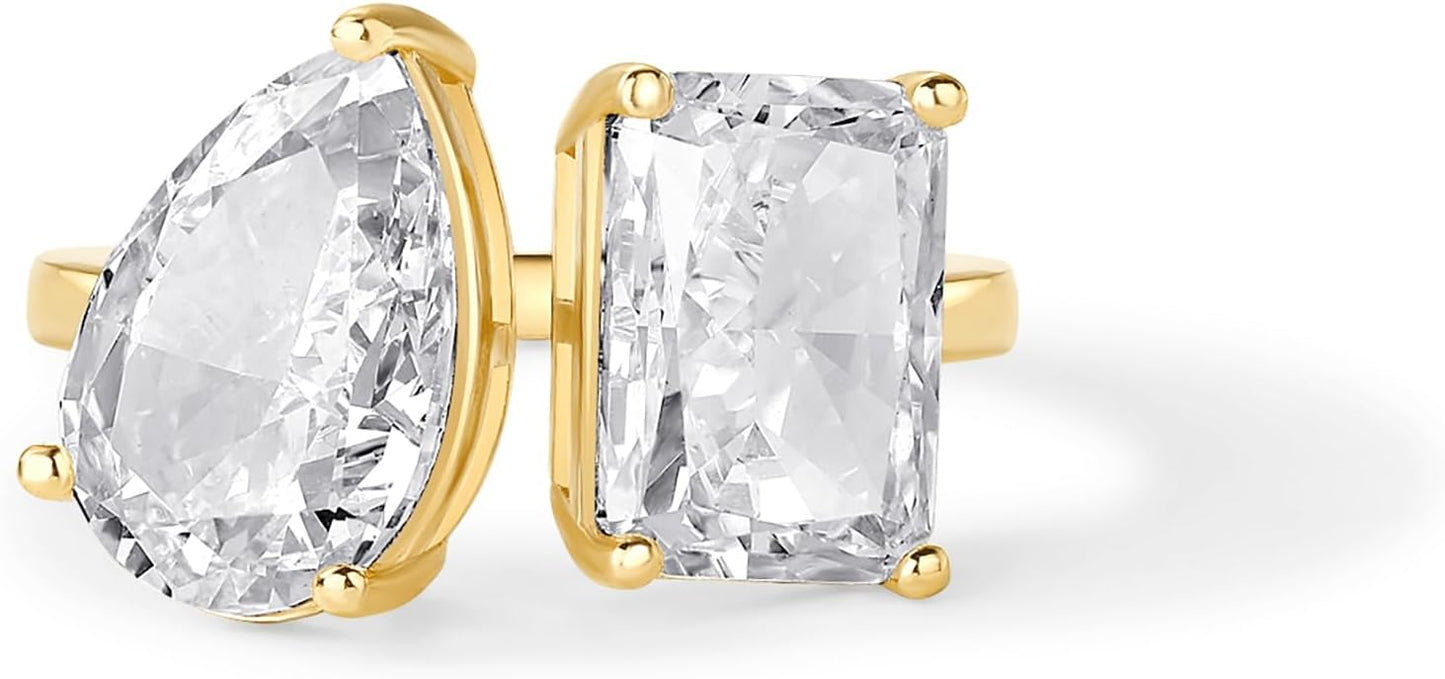 PAVOI 14K Gold Plated Toi Et Moi Radiant-Cut Pear-Shaped Cubic Zirconia Wedding Engagement Ring for Women - Statement Promise Ring