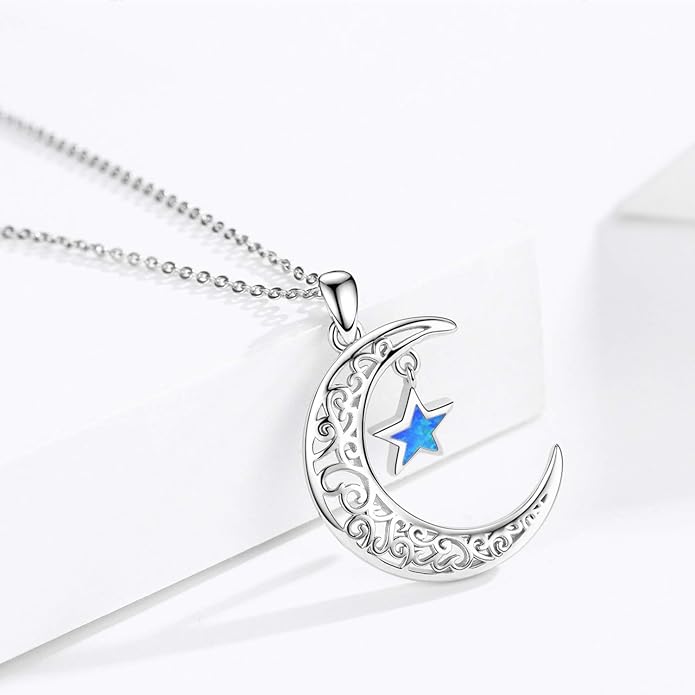 TRISHULA Moon Star Necklace, 925 Sterling Silver Crescent Moon Sun Pendant with Moonstone Crescent Jewelry Gift for Her Sister Birthday Christmas