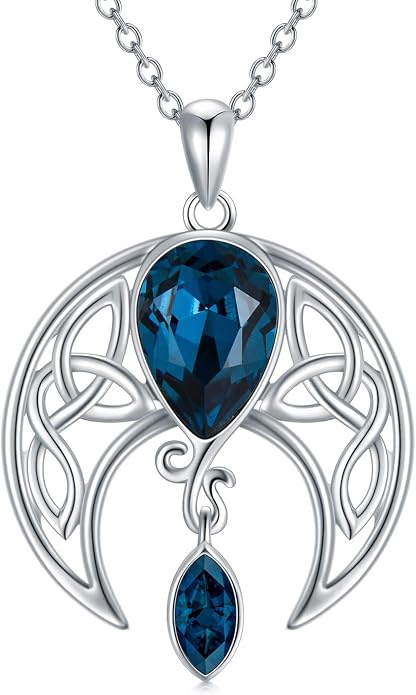 AOBOCO Sterling Silver Celtic Crescent Moon Goddess Pendant Irish Good Luck Necklace with Birthstone Crystal, Celtic Moon Jewelry Gift for Women Mom Wife