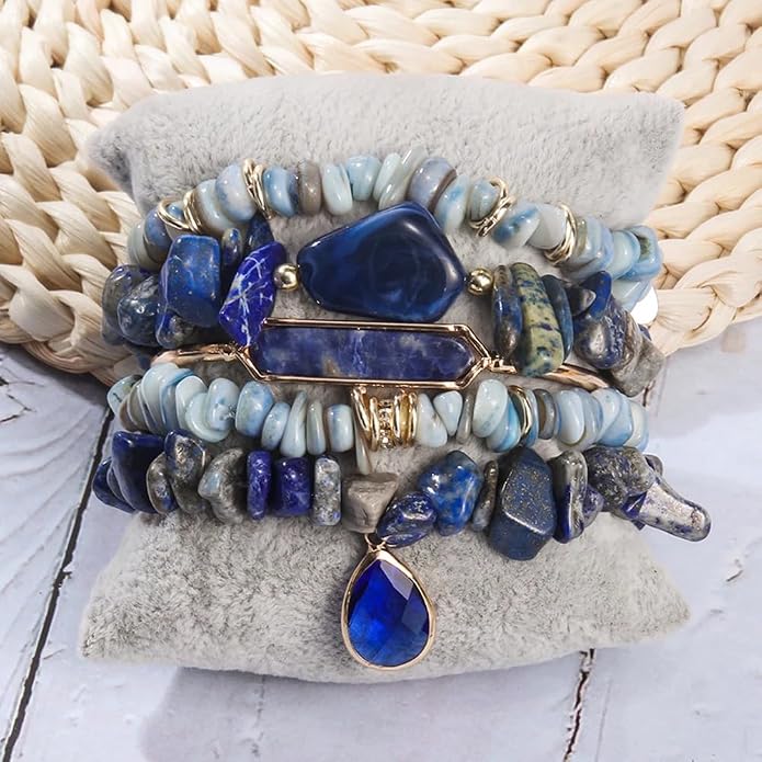 Yomisa 5PCS 6PCS Natural Boho Beaded Bracelets/Bangle for Women Men,Healing Turquoise Jasper Agate Crystal Gemstone Stone Chakra Multilayer Wrap Bohemian Handmade Jewelry Beads Stretch Bracelet Set