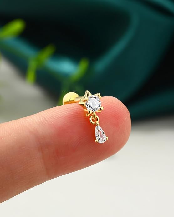 COCHARM 14K Gold Plated Cartilage Earrings Stud 16G Dangle Star 925 Sterling Silver Helix Tragus Earrings Surgical Steel Flat Back Earrings Dangly