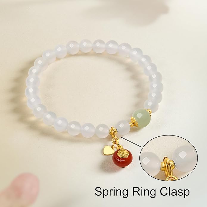 ZHOU LIU FU Silver Beaded Bracelets for Women Adjustable Silver Carnelian Roll White Chalcedony Gemstone Stretch Bracelets Mom Birthday