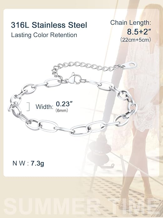 ChainsPro Stainless Steel Waterproof Anklet for Women, Adjustable Non Tarnish Layered Anklets, Trendy Dainty Cuban Link Ankle Bracelet Beach Jewelry Gifts for Swimming & Daily Wear (8.5+2 inches)