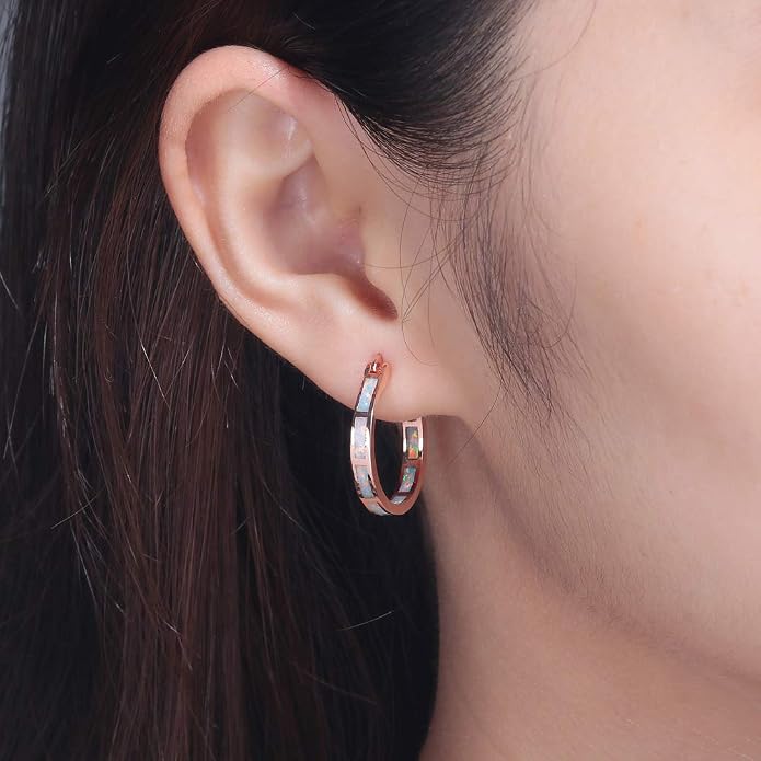 CiNily Sterling Silver/Rose Gold/Yellow Gold Plated Hoop Earrings 20mm,Multicolor Opal Small Hoop Earrings for Women Girls Hypoallergenic Jewelry for Sensitive Ears Gemstone Earrings
