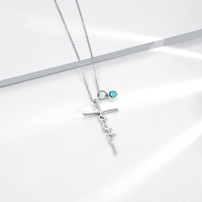 PRAYMOS Faith Cross Necklace for Women 925 Sterling Silver Pendant Necklace With Birthstone Initial Christian Religious Confirmation Baptism Mothers Day Gifts
