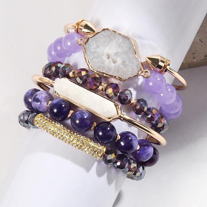 Yomisa 5PCS 6PCS Natural Boho Beaded Bracelets/Bangle for Women Men,Healing Turquoise Jasper Agate Crystal Gemstone Stone Chakra Multilayer Wrap Bohemian Handmade Jewelry Beads Stretch Bracelet Set