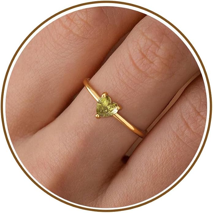 WFYOU Gold Heart Birthstone Rings for Women 14K Gold Plated Non Tarnish Stackable Pinky Cubic Zirconia Rings Emerald Dainty Gemstone Thumb Ring Band Cute Jewelry Birthday Gift Size 5-10