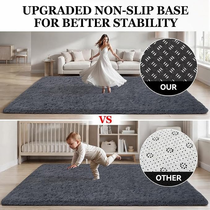 Area Rug for Living Room Bedroom: 6x9 Soft Fluffy Shag Rugs Upgrade Non-Slip High Pile Carpet Large Fuzzy Plush Indoor Floor Shaggy Carpets for Nursery Kid Playroom Office Dorms Home Decor Grey