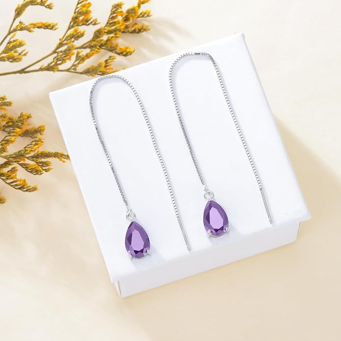 925 Sterling Silver Threader Drop Long Box Chain Ear Line Earrings with 11 * 8mm Birthstone Crystals, Birthday Jewelry Gifts for Women