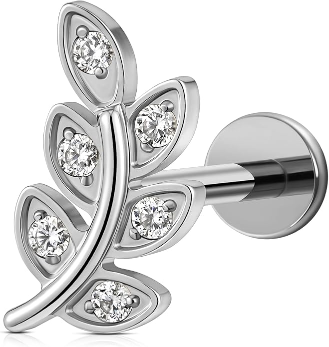 FINE4U 1PC Leaf Flat Back Stud Flat, Helix, Conch, Tragus 6mm 8mm - ASTM F136 Titanium Screw on Body Piercing Jewelry