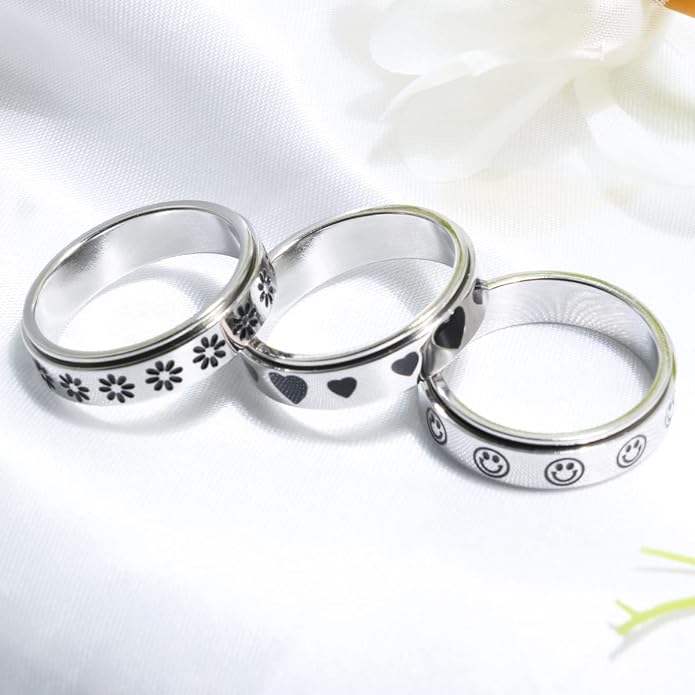 OreilleStar Anxiety Ring for Women Spinner Ring Titanium Stainless Steel Fidget Ring Men 6mm Width With Dog Paw Kitty Cat Face Evil Eye Pattern Spinning Outer Band Size 6 7 8 9 10