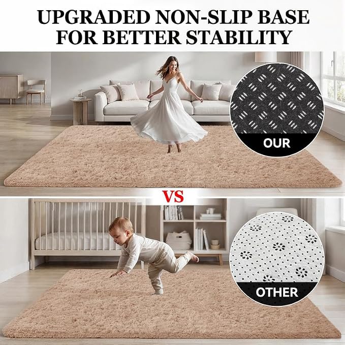 Area Rug for Living Room Bedroom: 4x6 Soft Fluffy Shag Rugs Upgrade Non-Slip High Pile Carpet Large Fuzzy Plush Indoor Floor Shaggy Carpets for Nursery Kid Playroom Office Dorms Home Decor Beige