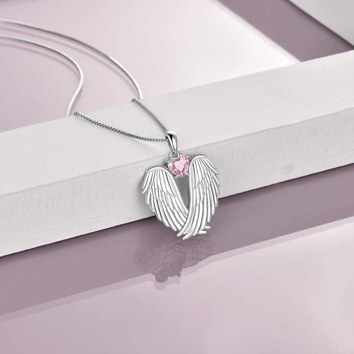 YFN Angel Wings Necklace 925 Sterling Silver Guardian Angel Wings Pendant Necklace Birthstone Necklace for Women Girls Christmas Jewelry Gifts