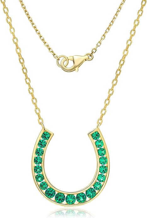Luck Horseshoe Necklace 14K Gold Plated/Sterling Silver Created Gemstone Pendant with Chain Channel Set U Shaped Charm Necklace Birthstone Jewelry