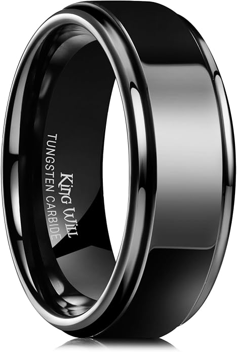 King Will 8mm Black Silver Mens Polished Tungsten Wedding Rings High Polish Surface Wedding Band Blue Silver Step Edge Comfort Fit