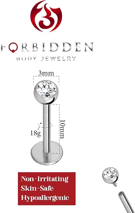 Forbidden Body Jewelry 16G-18G Internally Threaded Solid Titanium Tragus/Helix Earring/Labret Stud with CZ Ball Top