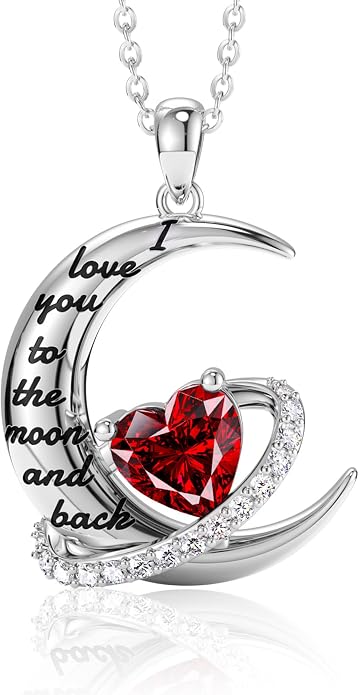 Distance I Love You to The Moon and Back Necklace for Women, S925 Sterling Silver Forever Love Heart Birthstone Necklace, Anniversary Birthday Jewelry for Wife Lover