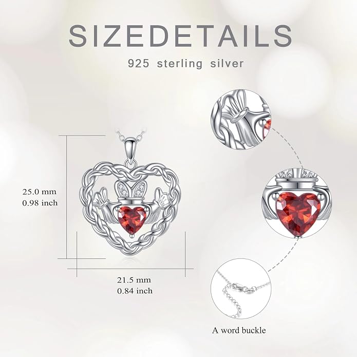 Birthstone Claddagh Heart Necklace 925 Sterling Silver Heart Celtic Knot Claddagh Necklace Pendant Irish Jewelry Gifts for Women Mom Wife Sister Christmas Birthday,18+2 inch