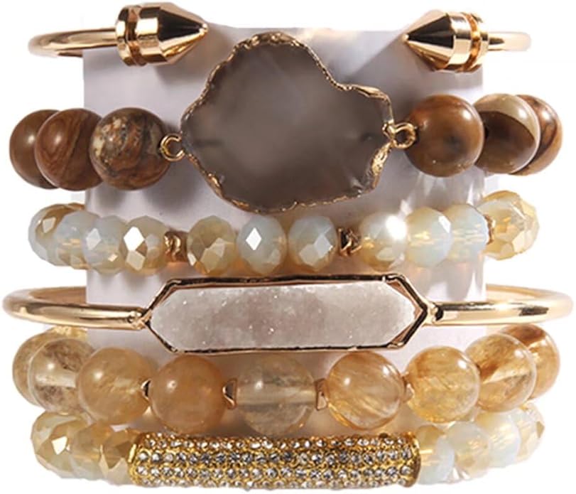 Yomisa 5PCS 6PCS Natural Boho Beaded Bracelets/Bangle for Women Men,Healing Turquoise Jasper Agate Crystal Gemstone Stone Chakra Multilayer Wrap Bohemian Handmade Jewelry Beads Stretch Bracelet Set