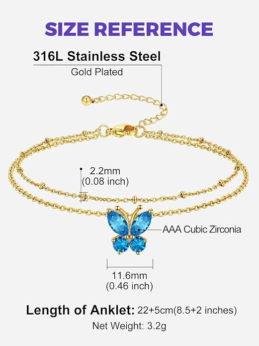 Richsteel Double Layer Heart/Butterfly Birthstone Anklet for Women Non Tarnish Waterproof, Silver/Gold/Black Stainless Steel 8.5-10.5 Inch Adjustable Chain Anklets Jewelry Gifts for Her