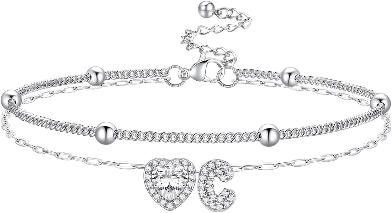 Bestyle Initial Anklet Bracelets for Women Waterproof Non Tarnish 14K Gold/White Gold Plated CZ Anklets for Women Dainty Layered Letter Heart Ankle Bracelets Adjustable Foot Chain Anklet