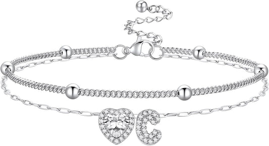 Bestyle Initial Anklet Bracelets for Women Waterproof Non Tarnish 14K Gold/White Gold Plated CZ Anklets for Women Dainty Layered Letter Heart Ankle Bracelets Adjustable Foot Chain Anklet