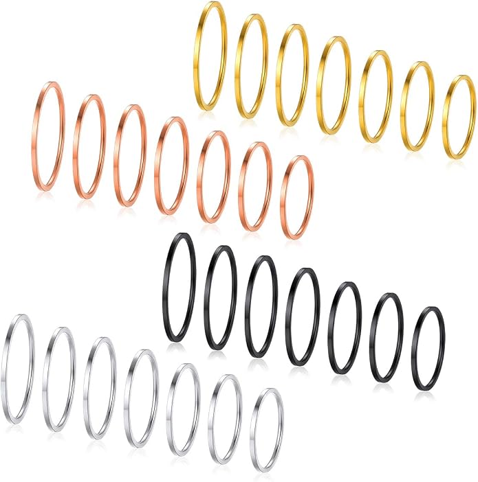FOCALOOK 28 PCS Knuckle Ring Set 1MM Stainless Steel Women's Thin Plain Band Stacking Midi Finger Rings Set Comfort Fit Silver/Black/Gold/Rose Tone Size 4-10