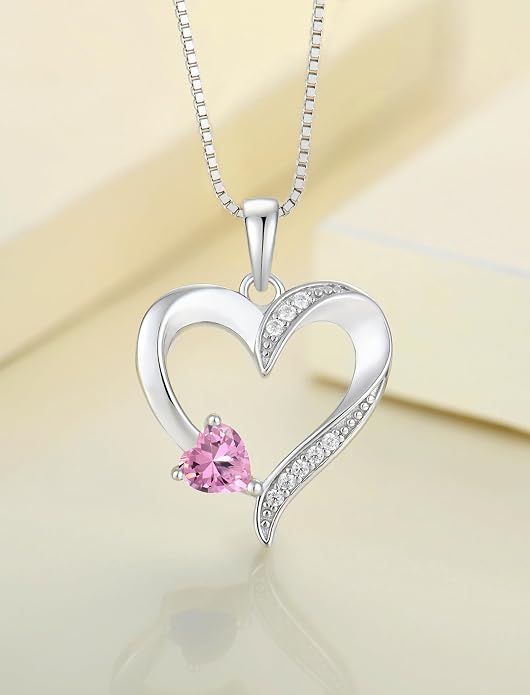 YL Heart Necklace 925 Sterling Silver Love Heart Pendant Birthstone Jewelry for Women