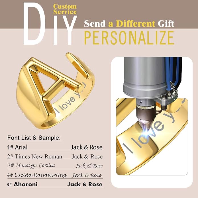 KeyStyle Bold Initial Letter Rings Adjustable, GoldChic Jewelry Women Gold Statement Ring Personalized Engraved Women’s Open Signet Ring for Party (Gold, White Gold, Black)