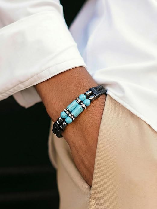 Mens Leather Turquoise/Tiger Eye/Obsidian/Lava Stone Bracelet–Braided Multi‑Layer Wristband Cuff Bangle Barcelet–Jewelry Box and Pouch Packing