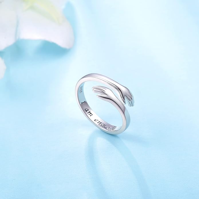S925 Sterling Silver Hug Rings for Women Teen Girls Adjustable Ring for Granddaughter Daughter Hope Promise Friendship Hand Ring Jewelry for Birthday Graduation Christmas Mothers Day Valentines Gifts