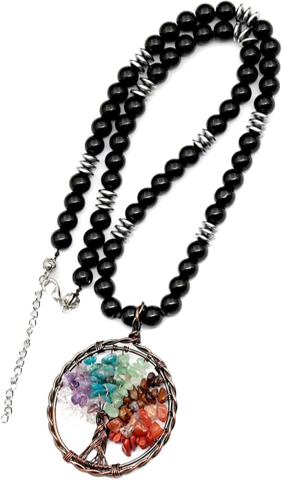 ElisaJewelryArt - Natural Amethyst Big Tree Of Life Pendant Black Onyx Stone Beaded Necklace Genuine Gemstone Feng Shui Stone Clasp Closure Necklace Unisex Necklace