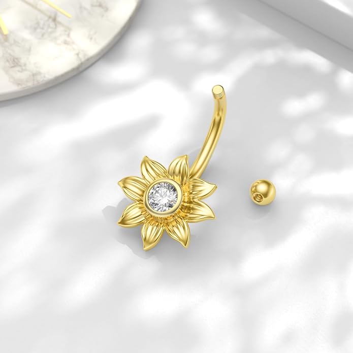 Solid 14K Gold Sunflower Belly Button Ring 14G 14K Real Gold Daisy Navel Rings Gold Dangle Belly Button Piercing Jewelry Gift for Women Wife Valentine's Day Birthday