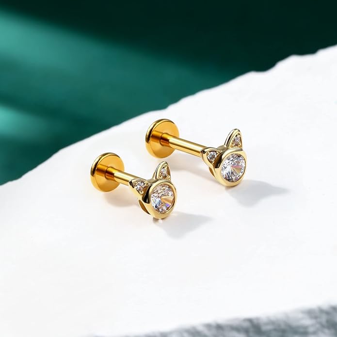 COCHARM 14K Gold Threadless Helix Cartilage Tragus Earring Stud, 16g Cat 14K Real Gold Tragus Labret Stud Flat Back, 14Kt Push Pin Helix Cartilage Piercing Jewelry